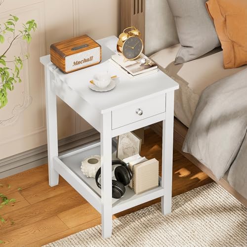 SEJOV Narrow Side Table, Small White End Table with Drawer & Storage Shelve