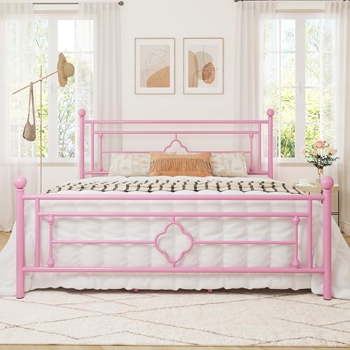 Allewie King Size Metal Platform Bed Frame, Victorian Headboard, Pink