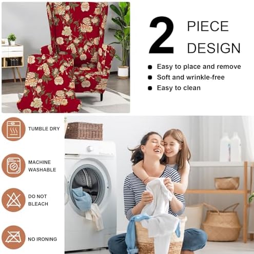 HAOYONG 2 Piece Wingback Chair Covers Stretch Wing Chair Slipcover Printed Wing Back Chair Covers with Arms Washable Spandex Fabric Armchair Cover Protection Furniture for Living Room and Bedroom