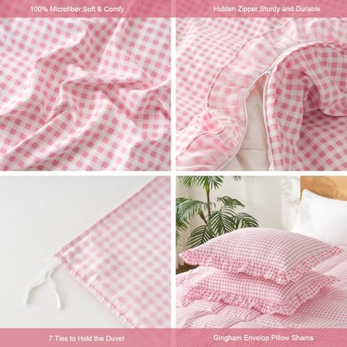 Gingham Duvet Cover King Size, 3 Pieces Soft Breathable Microfiber Plaid Duvet Cover with Zipper Closure & 2 Pillow Shams, Ruffle Farmhouse Vintage Decor, Pink