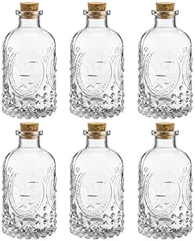 MyGift Vintage Fleur De Lis Clear Glass Bottles with Cork Lid Set of 6