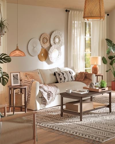 VASAGLE Round Side End Table, 2-Tier Boho Bedside Table with Rattan-Look