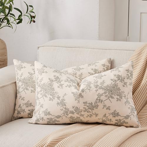 2 Pack French Floral Lumbar Pillow Covers 12x20in, Green/Cream