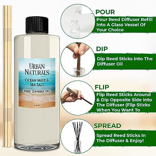 Urban Naturals Reed Diffuser Oil Refill Ocean Mist Sea Salt with Salt Spray, Violet Leaf, Sea Grass, Driftwood 8 oz + Free Reed Sticks, Made in the USA