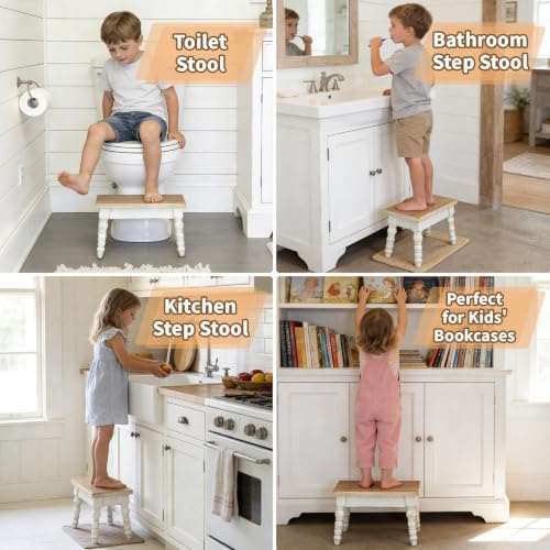 Rectangular Solid Wood Step Stool, Farmhouse Wooden Stool, Easy Assembly Narrow Step Stool for Kids, Indoor Plant Stand for Bathroom Kitchen, French Country Shabby Chic Decor