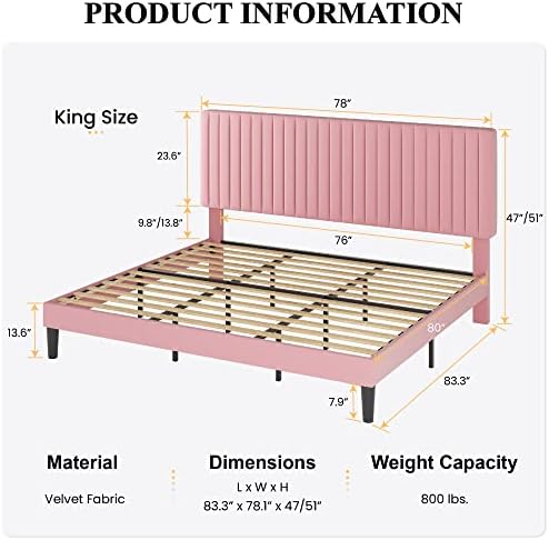 SHA CERLIN King Upholstered Platform Bed Frame with Adjustable Headboard/Vertical Channel Tufted Velvet Fabric/Wooden Slats Support/Mattress Foundation/Box Spring Optional/Pink