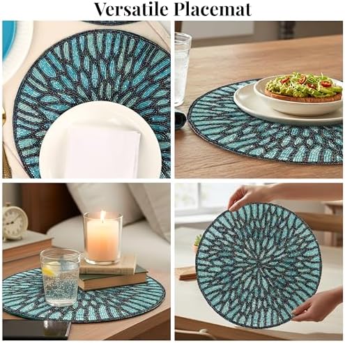 ALPHA Living HOME Beaded Placemats Set of 2, 13 Inch Blue Black Round