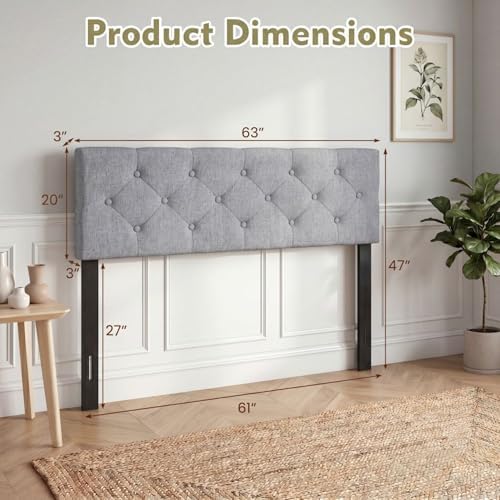 GIANTEX Linen Upholstered Headboard, Queen/Full Size Button Tufted Linen Fabric Head Board with Wood Support Legs, Attach Frame, Width Adjustable Modern Bed Headboard Only (Gray)