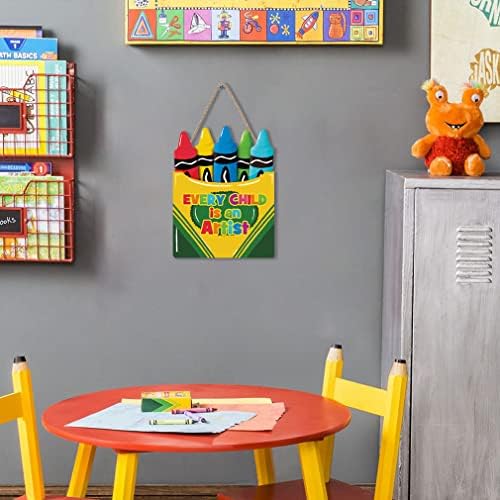 LHIUEM Colorful Crayon Wood Sign Decor(10"X14") Inspirational Quote Every Child is an Artist Wall Art Multicolor Cartoon Pencil Positive Wooden Plaque for Kid Room Playroom Classroom Nursery