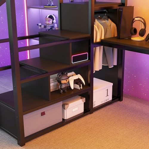Full Size Metal Loft Bed Frame with Desk, Staircase, Built-in Storage Shelves and Wardrobe, Modern Loft Bed with Solid Slats, Guardrail, No Box Spring Required, Easy Assembly, for Bedroom, Black