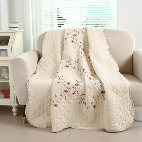 vctops 100% Cotton Quilted Throw Blanket 50x60 Inch Floral Embroidered Reversible Patchwork All Season Throw (Flower,50"x60")