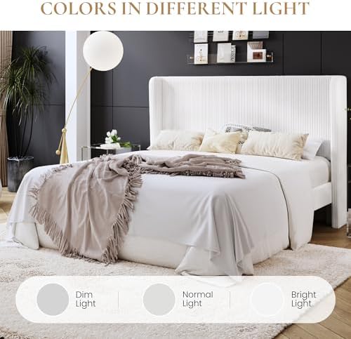 SHA CERLIN King Corduroy Platform Bed with Tufted Wingback Headboard, White