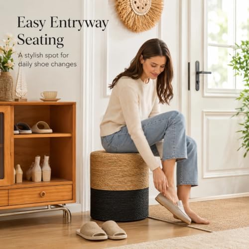 14" Boho Pouf Patio Ottomans Natural Straw Handweave Rustic Round Footstool