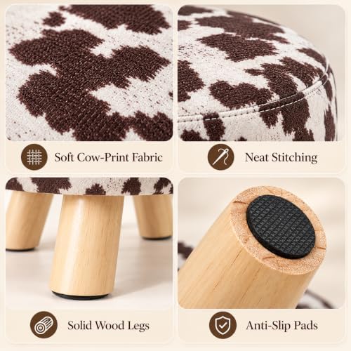 Small Round Ottoman Foot Stool, 10.4" H Footrest for Under Desk & Mini Spaces, Upholstered Linen Fabric Accent Stool for Living Room & Bedroom, Brown Cow