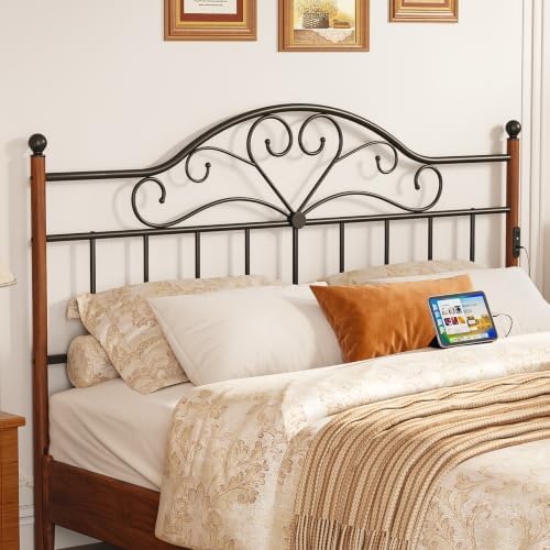 King Size Headboard with Charger Stations, Vintage Metal Headboard Only