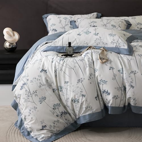 HighBuy Garden Blue Floral Duvet Cover Queen Floral Bedding Comforter Cover Queen Set Luxury Soft Boho Flowers Printed Cozy for Women Men Cottagecore Botanical Floral Bedding Sets Queen All Season