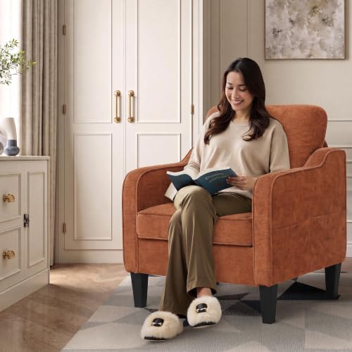 Accent Chairs Set of 2, Upholstered Living Room Chairs with Side Pockets, Mid Century Modern Reading Chair for Bedroom, Comfy Armchair Single Sofa Side Chair for Office, Small Room, Orange