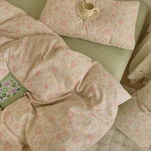 Floral Duvet Cover King Set 100% Cotton Double Gauze King Comforter Cover Soft Boho Cutecore Zipper Duvet Cover Set with Ties Aesthetic Girl Bedding Set Muslin Duvet Protector