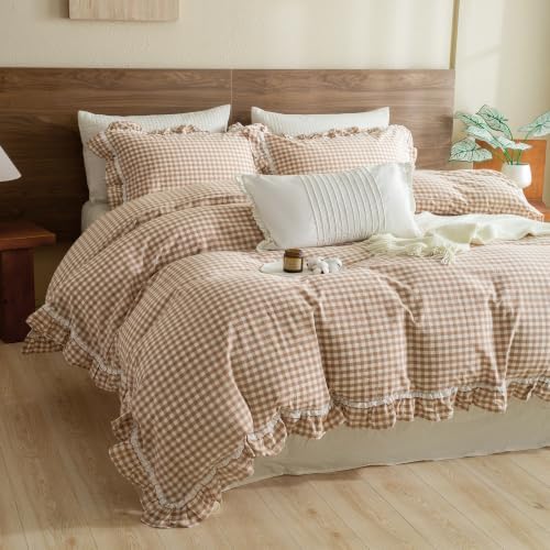 3PCs Khaki Plaid Lace Ruffled Duvet Cover Set King Size Washed Cotton Tan Gingham Shabby Vintage Boho Chic Comforter Cover Set Farmhouse Ultra Soft Bedding Quilt Cover King with Pillow Shams