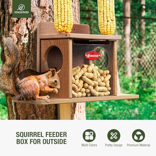 Kingsyard Squirrel Feeder Box for Outside, Recycled Plastic Squirrel Feeder Box with Corn Cob Holders, Easy to Refill & Clean, Weather-Proof (Brown)