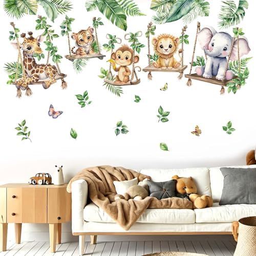 Jungle Animal Wall Decals for Baby: Animals Son Swings Nursery Room Decor with Peel and Stick Removable Vinyl Wall Stickers for Kids Bedroom Safe and Easy to Apply - Ages 0-12 Years