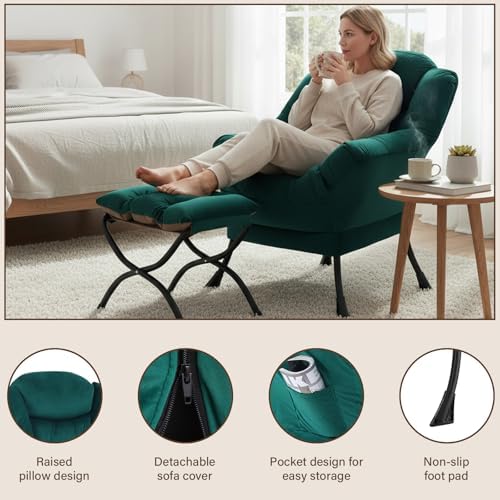 Welnow Lazy Chair with Ottoman, Reading Chair with Footrest,Dark Green