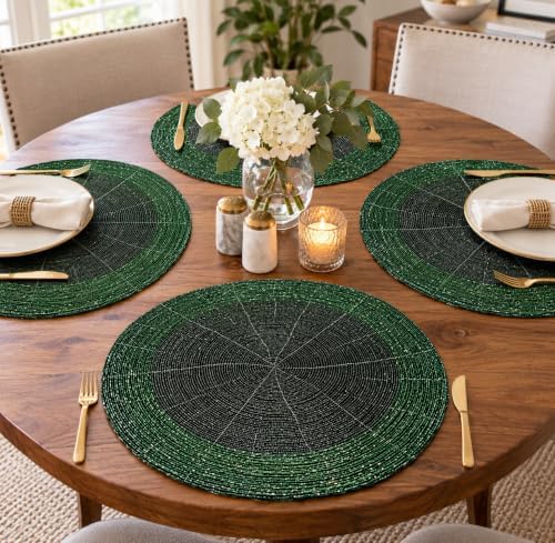 Beaded Charger placemats Set of 4, 13 Inch Round, Green Tonal