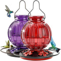 2 Pack Glass Hummingbird Feeder for Outdoors Hanging, Bird Nectar Feeder with Perch & 5 Flower Feeding Ports, 26 Oz Leak Proof for Outside Garden Decor Backyard, Gifts for Women Mom, Red + Purple