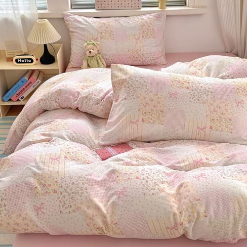 100% Cotton Pink Patchwork Duvet Cover Twin Size 2 Layer Muslin Comforter Cover Set for Teen Girls Women,Cute Bedding Set 3 Pieces,Includes 1 Duvet Cover& 2 Pillowcases