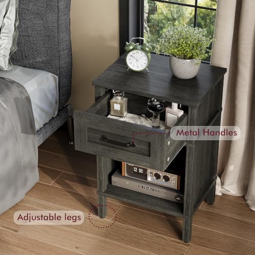Farmhouse Nightstands with Drawer, Small Wooden Side Table, Modern Bedroom Night Stand, Wood Night Table, Grey Bedside Table with Storage, End Table for Living Room LET512GW