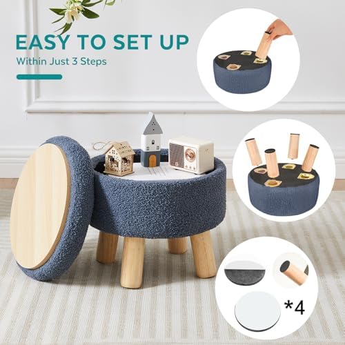 Small Foot Stool Ottoman with Storage, Sherpa Ottoman Foot Rest for Couch, Round Footstool with Storage, Small Ottomans and Footstools for Living Room and Entryway (Navy Blue)