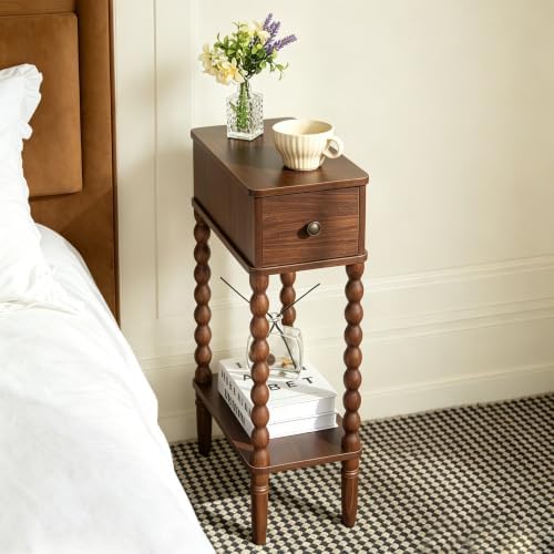 Fultyle Small Narrow Side Table, Skinny Nightstand with Drawer and Shelf