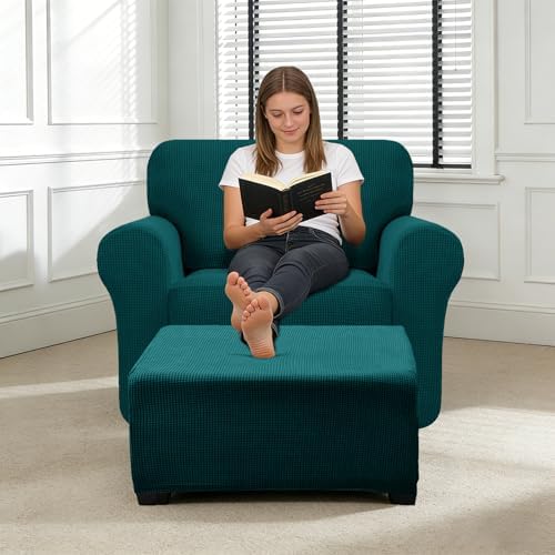 3 Piece Stretch Matching Chair and Ottoman Slipcover Set, Jacquard Arm Chair/Ottoman/Fitted Seat Covers, Non-Slip Accent Armchair and Foot Stool Slip Cover (Teal,3 Pieces Set)