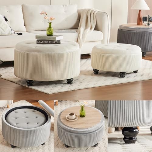 29'' & 24.5'' Round Storage Ottoman Coffee Table Set of 2, Off White