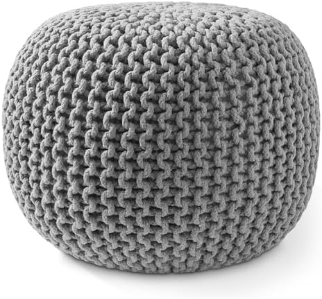 Casafield Round Pouf Ottoman, Light Gray - 20" Diameter x 14.5" High Cotton Knit Foot Stool - Boho Floor Pouffe for Living Room, Bedroom, Home Office