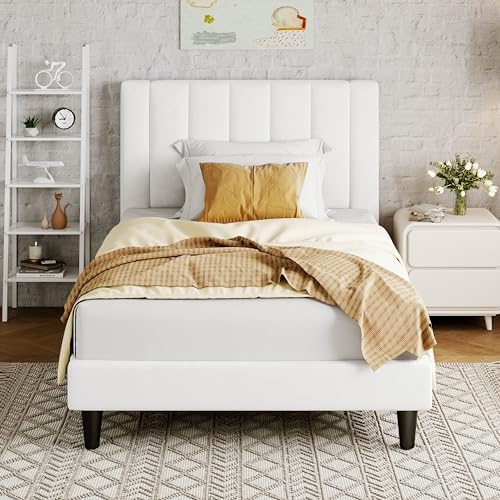 Allewie Twin Bed Frame/Velvet Upholstered Bed Frame with Vertical Channel Tufted Headboard/Strong Wooden Slats/Platform Bed Frame/Mattress Foundation/Box Spring Optional/Easy Assembly/White