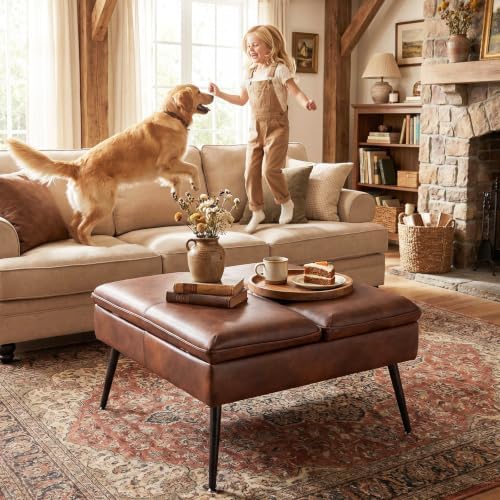 Square Ottoman with Storage Coffee Table Large Upholstered Cognac