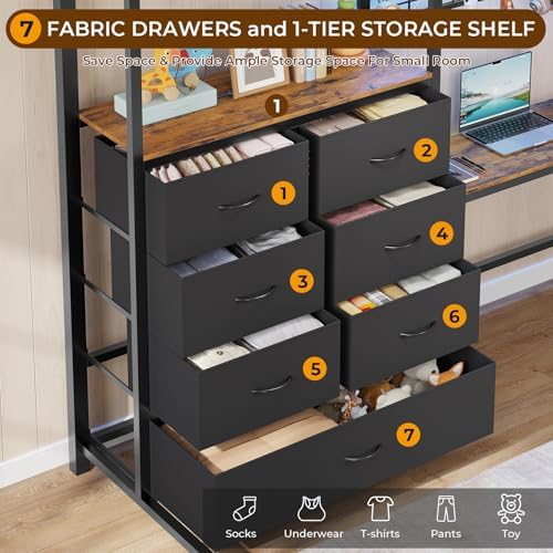 DICTAC Full Loft Bed with L-Shaped Desk and 7 Storage Drawers,Metal Full Size Loft Bed for Teen with LED Lights and Charging Station,13.11" H Safety Guardrail and Ladder,No Box Spring Needed, Black