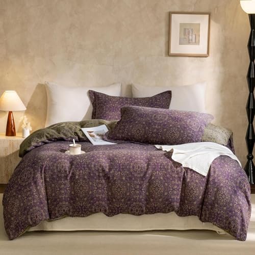 Jacquard Flower Duvet Cover Twin,Purple Green Floral Duvet Cover Set Yarn-Dyed Cotton Boho Medallion Bedding Set,Retro Reversible Duvet Cover with Zipper Ties