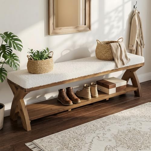 Solid Wood Shoe Bench with Cushion Padded Seat, 55-Inch Farmhouse Entryway Bench Shoe Rack Organizer with X-Shaped Legs for Hallway, Living Room, Closet