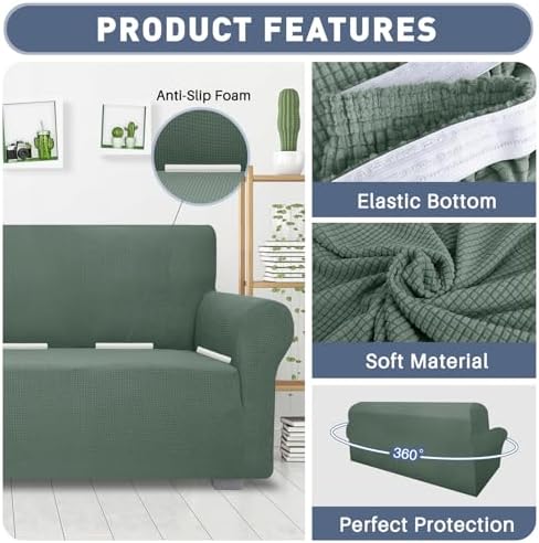 JIVINER Super Stretch Chair Slipcovers with Arms 1-Piece Jacquard Small Checks Living Room Armchair Covers Soft Anti Slip Sofa Couch Furniture Protector for Kids Pets (Chair, Pea Green)
