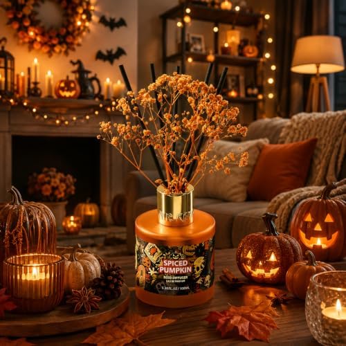 Airkeep Halloween Reed Diffuser Set,3.38 fl oz (100 ml) - Spiced Pumpkin Oil Diffusers with 8 Reed Sticks, Home Fragrance Reed Diffuser for Bathroom Shelf Decor