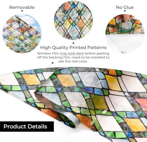 ADD.HERES Rainbow Window Privacy Film, Stained Glass Cling, 17.5" x 78.7"