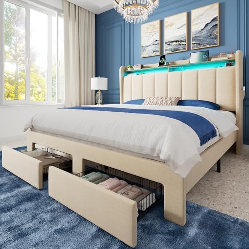Allewie Full Size Bed Frame with 2-Tier Storage Headboard & 2 Large Drawers