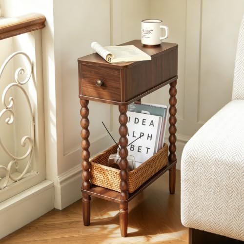 Fultyle Small Narrow Side Table, Skinny Nightstand with Drawer and Shelf