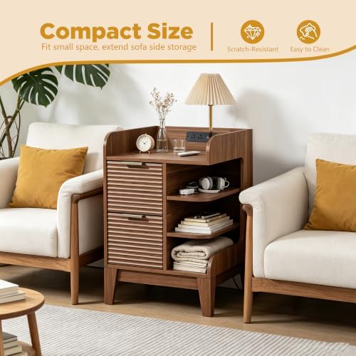 Nightstand with Charging Station, Fluted Night Stand Set of 2