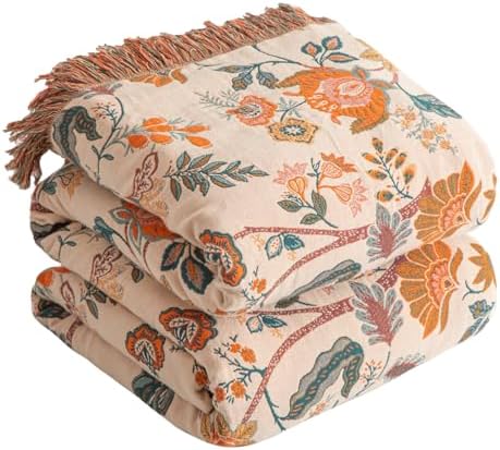 Boho Throw Blanket for Bed 90”x98”, 100% Cotton Blanket for Couch Sofa