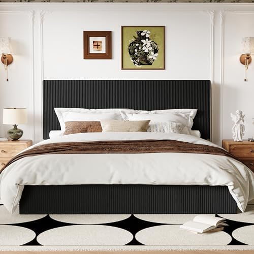 Allewie King Bed Frame, Adjustable Corduroy Headboard, Platform, Black