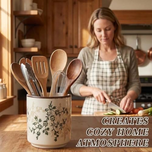 Kitchen Ceramic Utensil Holder 5.5" Rustic Floral Crock Tools Storage