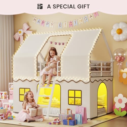 Girls Bunk Bed Twin Over Twin, House Loft Bed with LED Lights